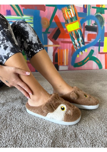 Kadın Süper Esnek Katlanabilir Taban Çok Yumuşak ve Hafif Kedi Desen Peluş Ev Terliği