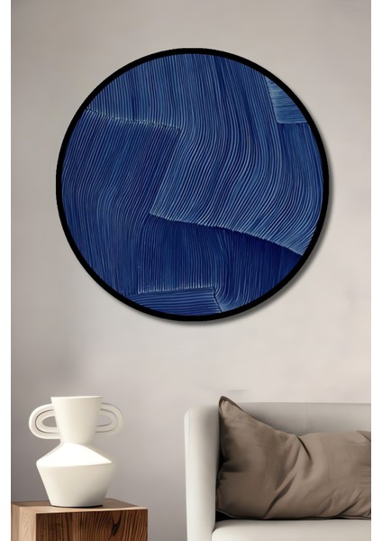 Çerçeve Görünümlü Mavi Dalga Soyut Ahşap Mdf Dekoratif Ev Duvar Tablo Yuvarlak Ev Duvar Tablo