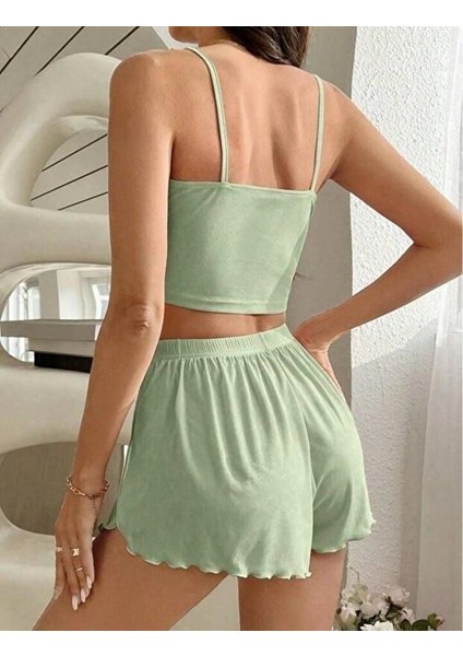 Kadın Yeşil Dantel Detaylı Şortlu Gecelik Pijama Takımı 5024 modelleri