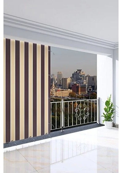 Kahve Krem Çizgili Kornişli Balkon Perdesi Branda Enxboy