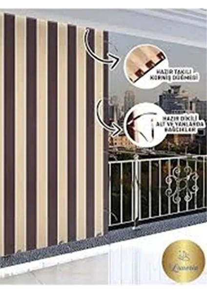 Kahve Krem Çizgili Kornişli Balkon Perdesi Branda Enxboy fiyatları