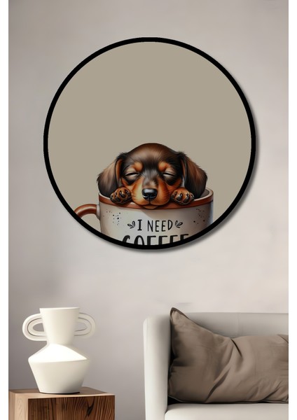 Çerçeve Görünümlü Köpekli Kahve Zamanı Dekoratif Ahşap Mdf Ev Duvar Tablo Yuvarlak Ev Duvar Tablo