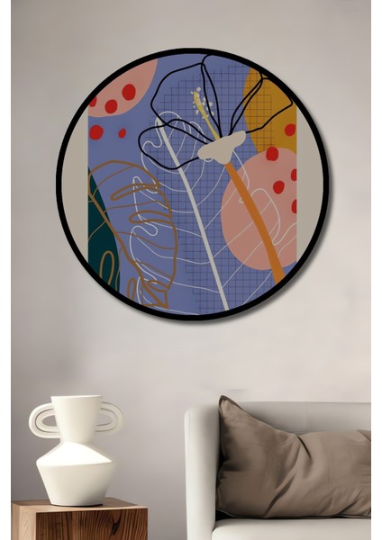Çerçeve Görünümlü Fovizm Çiçek Desenli Dekoratif Ahşap Mdf Ev Duvar Tablo Yuvarlak Ev Duvar Tablo
