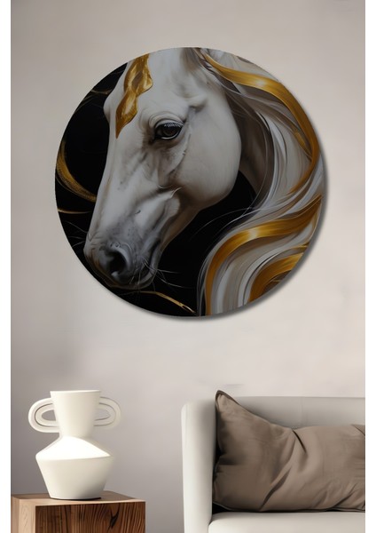 Altın Sarmallı Beyaz At Dekoratif Ahşap Mdf Ev/işyeri Duvar Tablo Yuvarlak Ev/işyeri Duvar Tablo