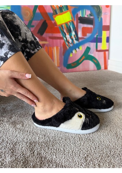 Kadın Süper Esnek Katlanabilir Taban Çok Yumuşak ve Hafif Kedi Desen Peluş Ev Terliği