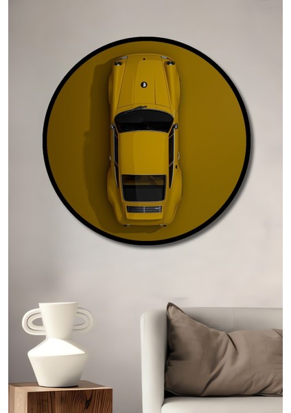 Çerçeve Görünümlü Sarı Retro Araba Ahşap Mdf Dekoratif Ev Duvar Tablo Yuvarlak Ev Duvar Tablo