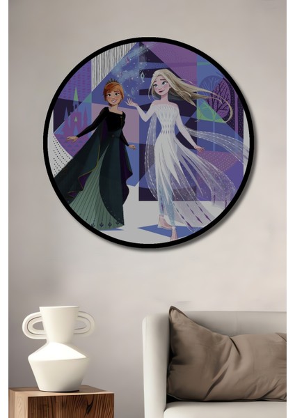 Çerçeve Görünümlü Frozen Karakterleri Dekoratif Ahşap Mdf Ev Duvar Tablo Yuvarlak Ev Duvar Tablo