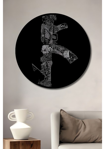 Çerçeve Görünümlü Endüstriyel ve Askeri Temalı Desen Dekoratif Ahşap Mdf Ev Duvar Tablo Yuvarlak Ev