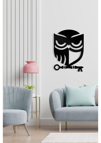 Baykuş ve Anahtar Temalı Metal Tablo | Modern Duvar Dekoru