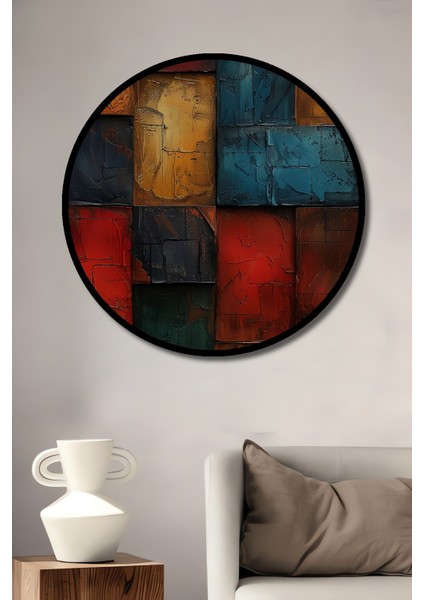 Çerçeve Görünümlü Renkli Soyut Desenli Ahşap Mdf Dekoratif Ev Duvar Tablo Yuvarlak Ev Duvar Tablo
