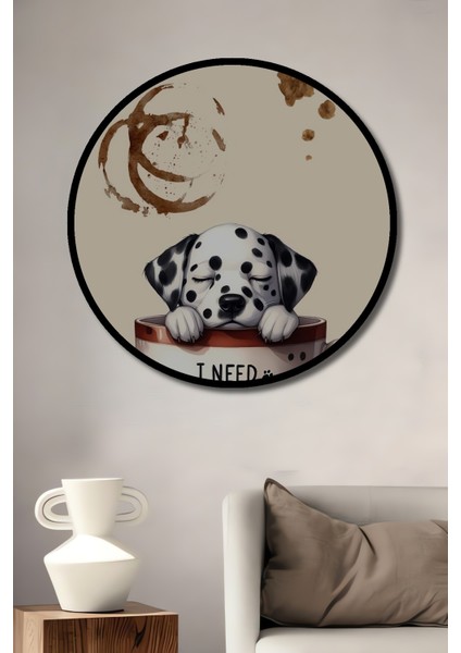 Çerçeve Görünümlü Kahve Tutkunu Sevimli Dalmaçyalı Ahşap Mdf Dekoratif Tablo Yuvarlak Tablo