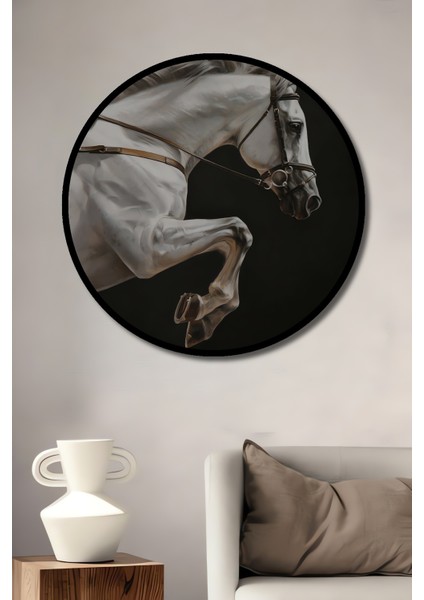 Çerçeve Görünümlü At Şahlanışı Dekoratif Ahşap Mdf Işyeri Duvar Tablo Yuvarlak Işyeri Duvar Tablo