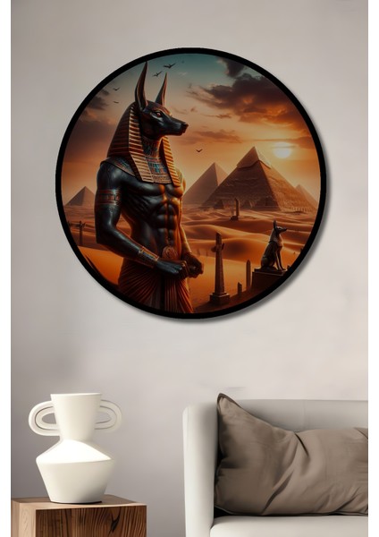 Çerçeve Görünümlü Anubis ve Piramitler Dekoratif Ahşap Mdf Ev Duvar Tablo Yuvarlak Ev Duvar Tablo