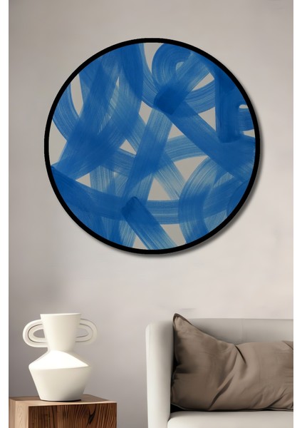 Çerçeve Görünümlü Soyut Mavi Fırça Dekoratif Ahşap Mdf Ev Duvar Tablo Yuvarlak Ev Duvar Tablo