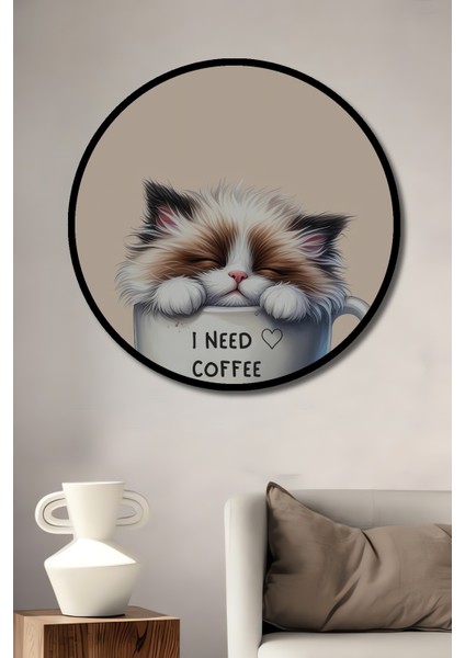 Çerçeve Görünümlü Kahve Sevgisi Kedi Dekoratif Ahşap Mdf Ev Duvar Tablo Yuvarlak Ev Duvar Tablo