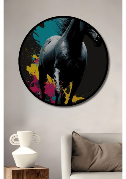 Çerçeve Görünümlü Renkli Soyut At Dekoratif Ahşap Mdf Ev Duvar Tablo Yuvarlak Ev Duvar Tablo