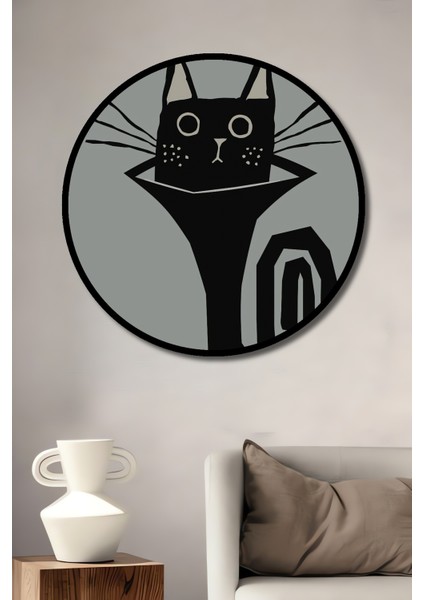 Çerçeve Görünümlü Caz Ruhu Dekoratif Ahşap Mdf Kedi Ev Duvar Tablosu Yuvarlak Ev Duvar Tablo