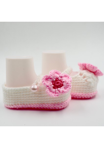 Pembe Çiçekli Tığ Işi Bebek Bere-Patik Takım