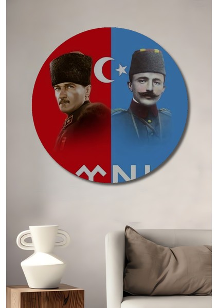 Atatürk ve Enver Paşa Ahşap Mdf Dekoratif Ev/işyeri Duvar Tablo Yuvarlak Ev/işyeri Duvar Tablo