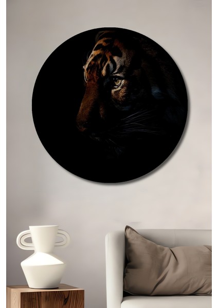 Çerçeve Görünümlü Karanlıkta Kaplan Ahşap Mdf Dekoratif Ev Duvar Tablo Yuvarlak Ev Duvar Tablo