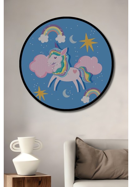 Çerçeve Görünümlü Unicorn Masalı Dekoratif Ahşap Mdf Ev Duvar Tablo Yuvarlak Ev Duvar Tablo