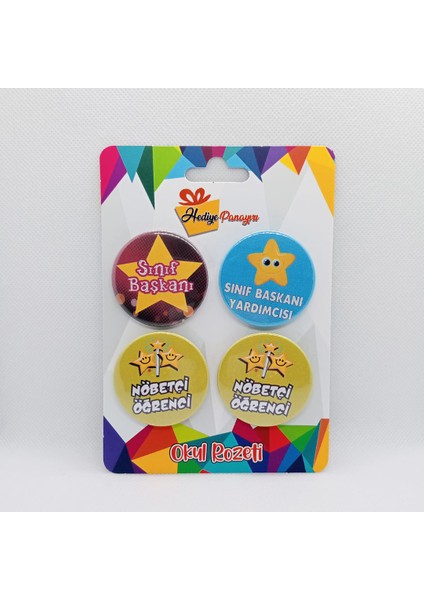 Ilkokul ve Ortaokul Sınıf Yönetimi Öğrenci Rozetleri (Sınıf Başkanı, Yardımcısı ve Nöbetçi Öğrenci)