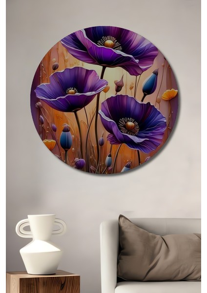 Mor Gelincikler Dekoratif Ahşap Mdf Ev/işyeri Duvar Tablo Yuvarlak Ev/işyeri Duvar Tablo