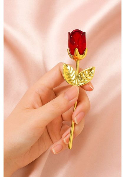 Rosegold 1 Adet Cam Kırmızı Gül Altın Kaplama Sapı ile Sevdiklerinize En Anlamlı Hediye