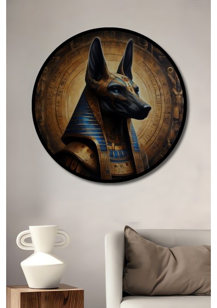 Çerçeve Görünümlü Anubis Mısır Tanrısı Ahşap Mdf Dekoratif Ev Duvar Tablo Yuvarlak Ev Duvar Tablo