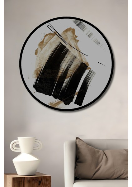 Çerçeve Görünümlü Soyut Sanat Siyah Beyaz Fırça Dekoratif Ahşap Mdf Tablo Yuvarlak Tablo