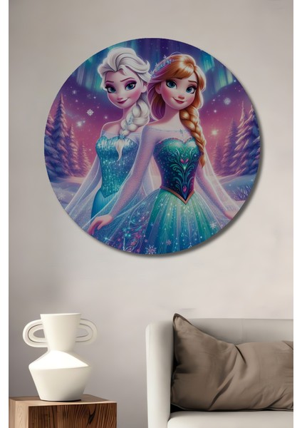 Elsa ve Anna Dekoratif Ahşap Mdf Ev/işyeri Duvar Tablo Yuvarlak Ev/işyeri Duvar Tablo