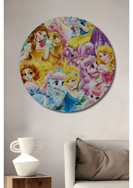 Prensesler ve Sevimli Atlar Ahşap Mdf Dekoratif Işyeri Duvar Tablo Yuvarlak Işyeri Duvar Tablo
