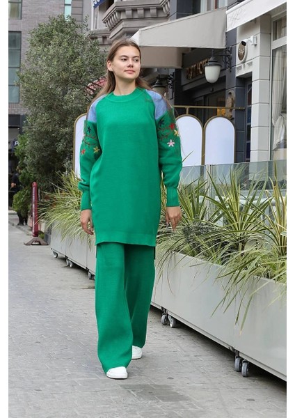 Omuz Detaylı Kol Nakışlı Ikili Alt Üst Triko Takım Yeşil modelleri