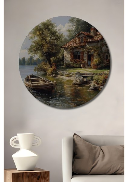 Göl Kıyısında Huzur Dekoratif Ahşap Mdf Ev/işyeri Duvar Tablo Yuvarlak Ev/işyeri Duvar Tablo