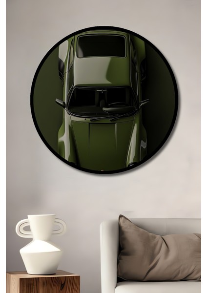 Çerçeve Görünümlü Yeşil Spor Araba Dekoratif Ahşap Mdf Ev Duvar Tablo Yuvarlak Ev Duvar Tablo
