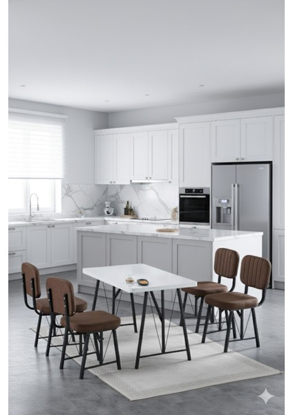 Elfin 70X110CM Sabit Beyaz Yemek Masası, Yemek Masası Takımı, Mutfak Masası, 4 Kahverengi Sandalye
