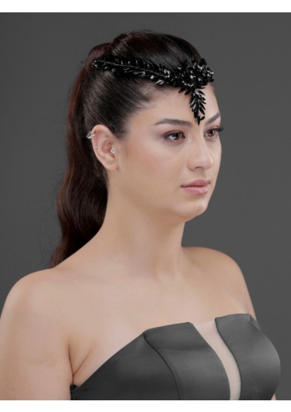 Kristal Taşlı Alın Detaylı Yaprak Form Saç Aksesuarı – Gelin, Kına ve Özel Gün Taç Tokası