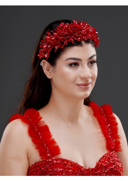 Işıltılı Kristal Taş Detaylı Kırmızı ve Beyaz Gelin, Nişan ve Özel Davet Aksesuarı