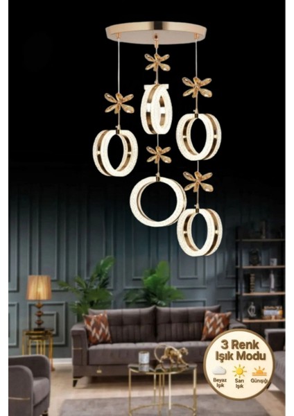 Aurea Model 5’li Kristal Taşlı Gold 3 Renk Modu Ledli Salon Mutfak Oturma Odası Sarkıt LED Avize