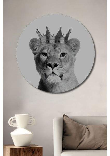 Taçlı Aslan Ahşap Mdf Dekoratif Ev/işyeri Duvar Tablo Yuvarlak Ev/işyeri Duvar Tablo
