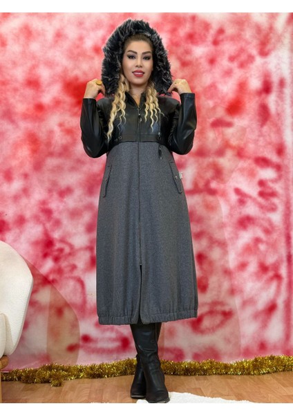 Kışlık Mont Şık Deri Detaylı Kaşmir Kışlık Kap Diz Altı Rahat Fermuarlı Günlük Şıklık Kürk Şapka