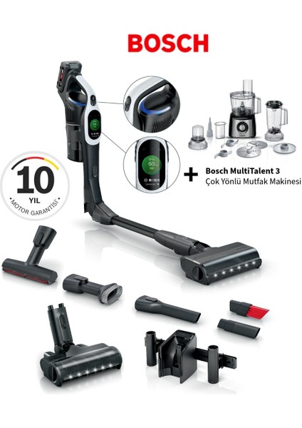 Premium BCS104 Şarjlı Dikey Süpürge Unlimited 10 Dijital Turbospinmotor Çiftbataryalı 160DK Temizlik+Bosch Multitalent Mutfak Robotu