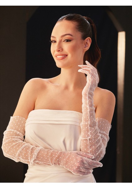 Puantiyeli Tül Beyaz Uzun Eldiven – Zarif Gelin ve Davet Aksesuarı