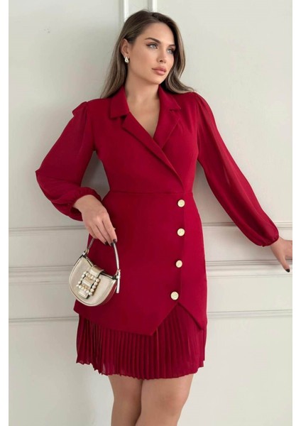 Kruvaze Blazer Şifon Uzun Kol Altın Düğmeli Plise Detaylı Midi Elbise (Kırmızı/siyah/kahve) 2665