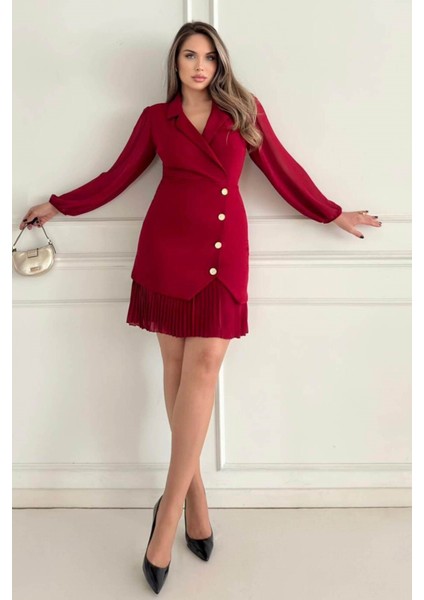 Kruvaze Blazer Şifon Uzun Kol Altın Düğmeli Plise Detaylı Midi Elbise (Kırmızı/siyah/kahve) 2665 fiyatları