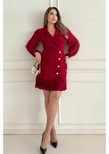 Kruvaze Blazer Şifon Uzun Kol Altın Düğmeli Plise Detaylı Midi Elbise (Kırmızı/siyah/kahve) 2665 modelleri