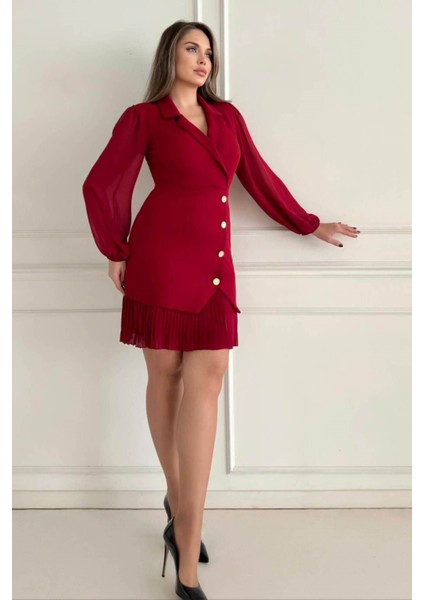 Kruvaze Blazer Şifon Uzun Kol Altın Düğmeli Plise Detaylı Midi Elbise (Kırmızı/siyah/kahve) 2665 fırsatları