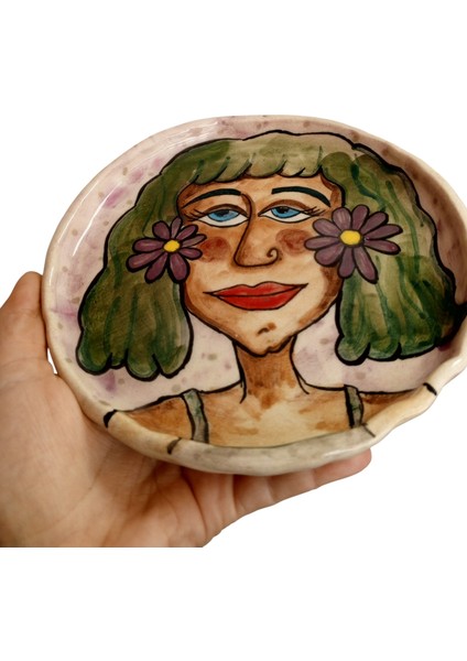 Pınchıc | El Yapımı Sanatsal Kadın Figürlü Seramik Tabak - Dekoratif Takı Tabağı / Sunum Tabağı