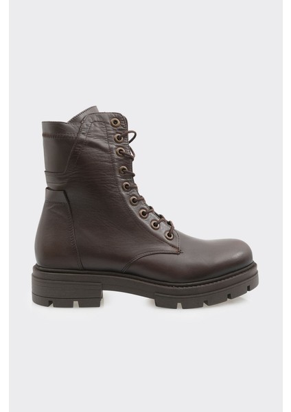 Hakiki Deri Bağcıklı Fermuarlı Kadın Uzun Bot