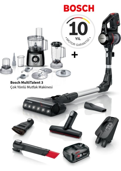 Unlimited 7 Şarjlı Süpürge – LED Başlık, Kolay Temizlik, ve Güçlü Motor Teknolojisi + Bosch Multitalent 3 Mutfak Robotu